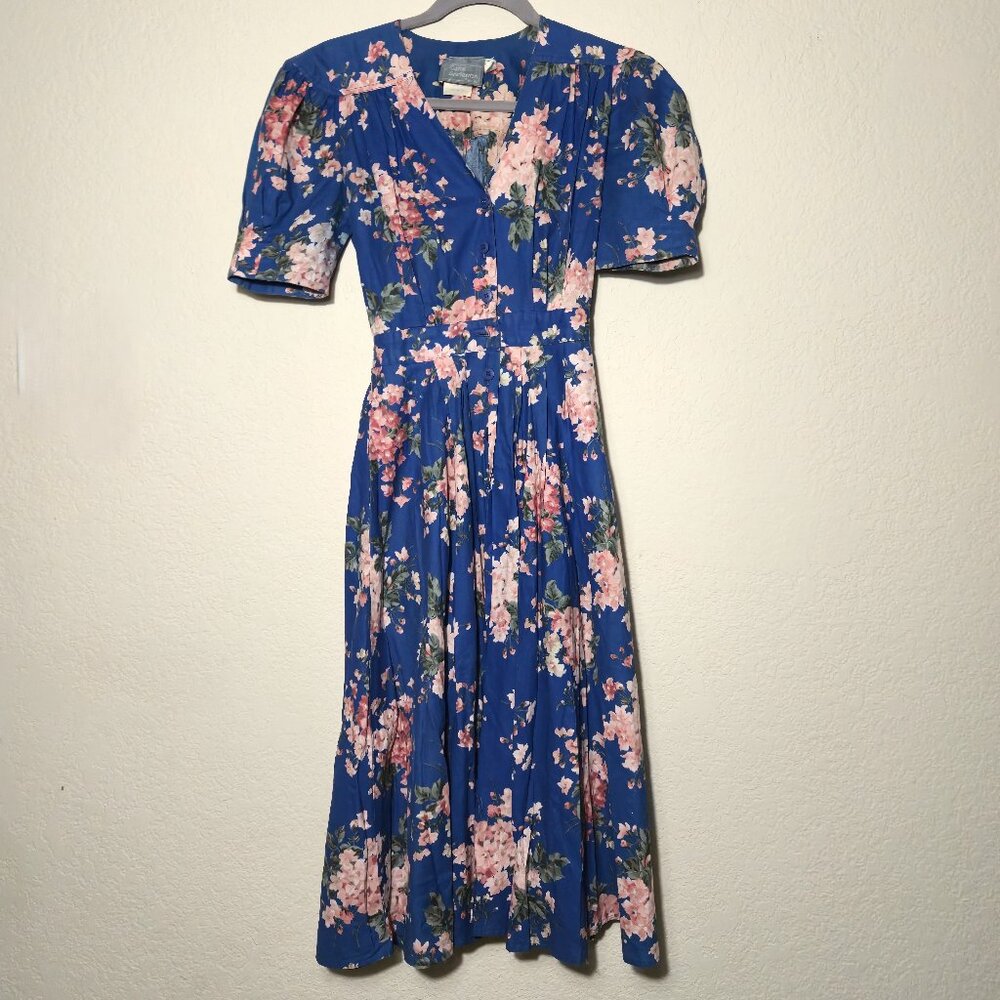 Vtg Carol Anderson Blue Floral Midi Dress Pockets 2P